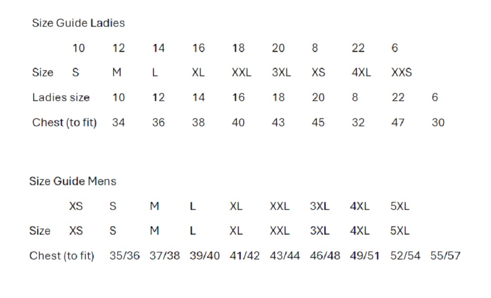 Barrow Valley Clothing Size Guide